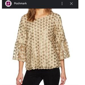 NWT Calvin Klein Embroidered Mesh Top Gold and Peacock Blue Bell Sleeves Size M